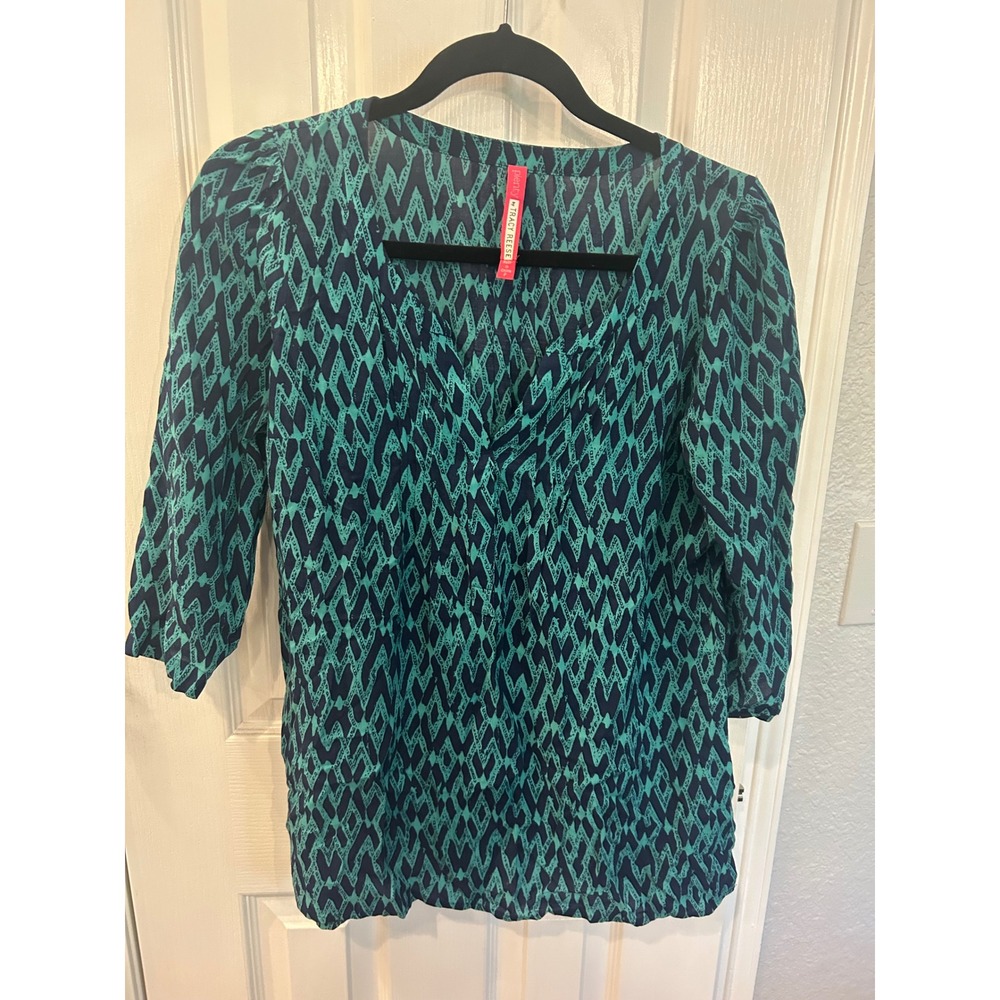 Plenty by Tracy Reese Blouse Teal Navy Geometric Diamond Print 3/4 Sleeve Top